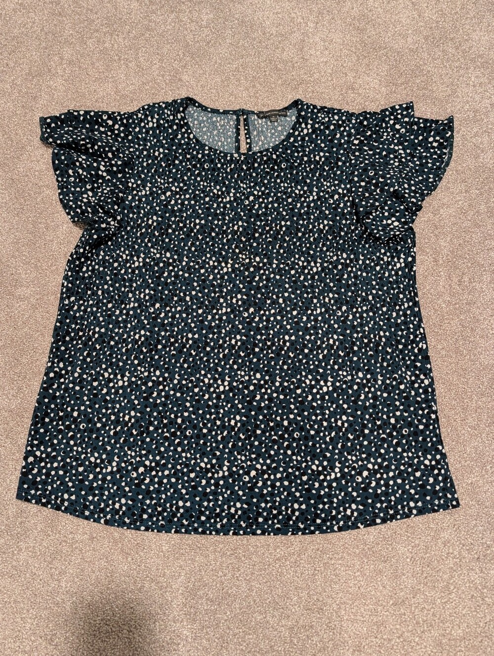 Adrianna Papell Dark Green and White Dot Print Flutter Sleeve Blouse Size M